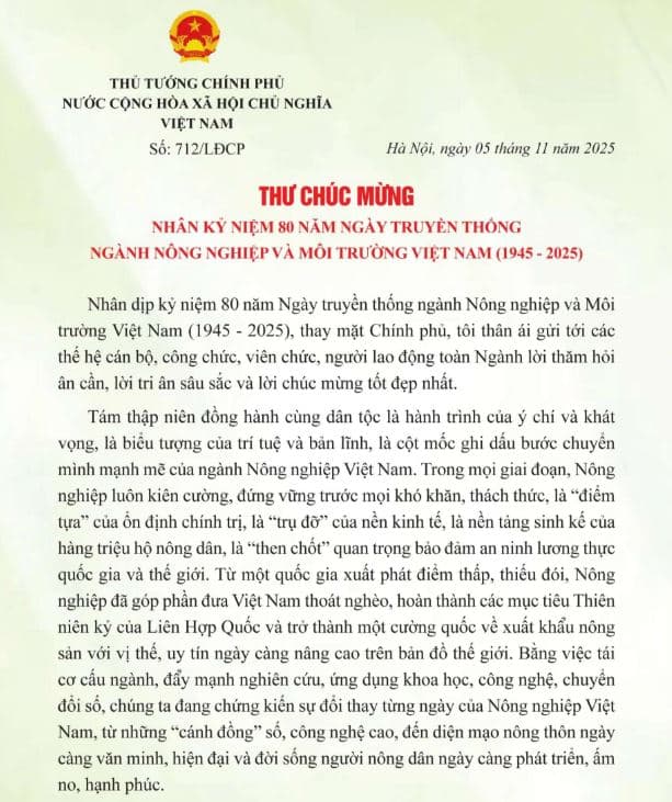 Thư chúc mừng kỷ niệm 80 năm Ngày truyền thống ngành Nông nghiệp và Môi trường Việt Nam (1945 - 2025).